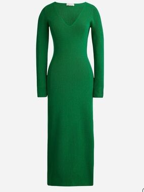 J Crew Green Long Sleeve V-Neck Ribbed Sweater Dress